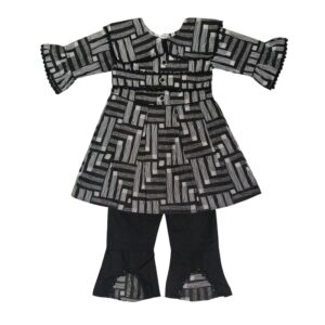 Long Sleeve Baby Dress with Trouser Set in Colorful Black Patterns