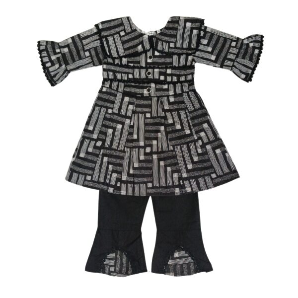 Long Sleeve Baby Dress with Trouser Set in Colorful Black Patterns