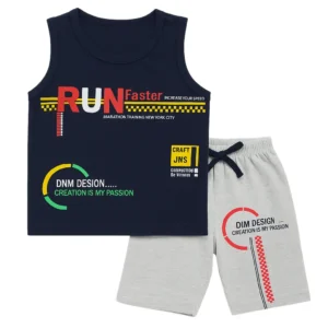 Boys Summer Tank Top & Shorts Set (1–4 Years) – Navy & Grey “Run Faster” Design Outfit