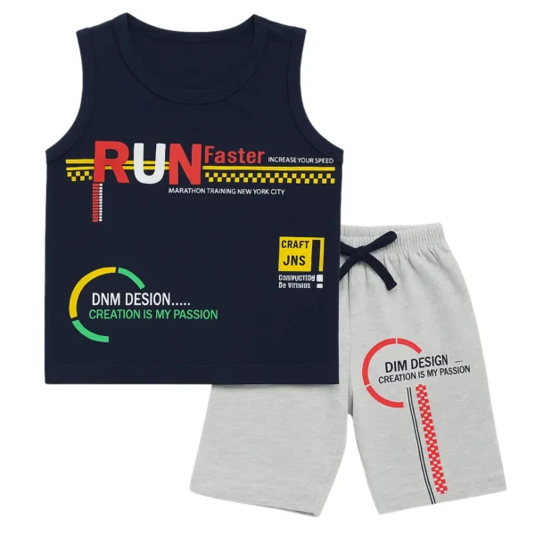 Boys Summer Tank Top & Shorts Set (1–4 Years) – Navy & Grey “Run Faster” Design Outfit