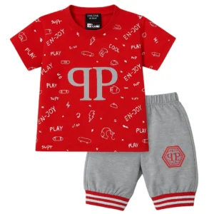 Kids Summer T-Shirt & Shorts Set (1–4 Years) – Red & Grey "EN-JOY PLAY" Print
