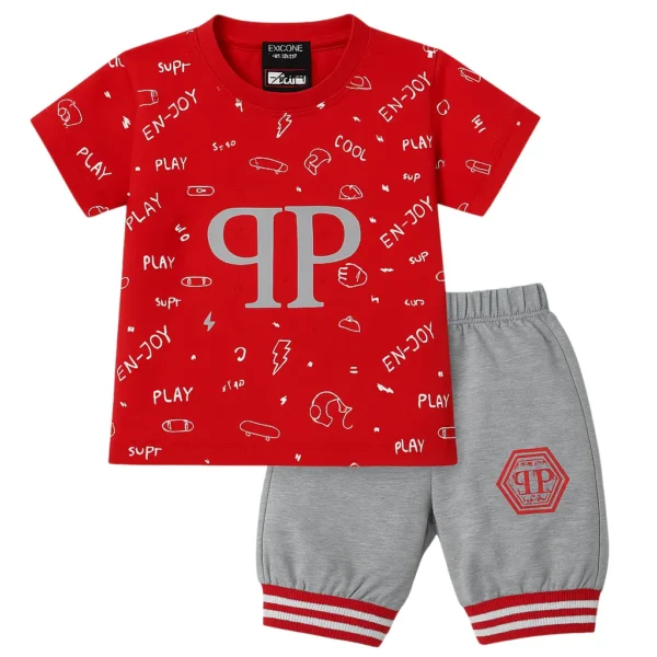 Kids Summer T-Shirt & Shorts Set (1–4 Years) – Red & Grey "EN-JOY PLAY" Print
