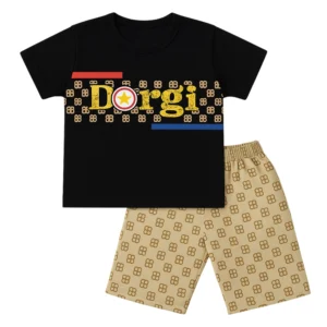 Bold “Dorgi” Graphic Kids T-Shirt and Shorts Set – Black & Beige with Iconic Print