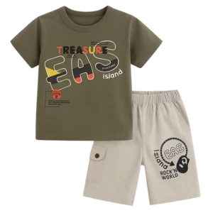 Boys’ “Treasure Island” Graphic T-Shirt & Shorts Set – Olive Green & Beige