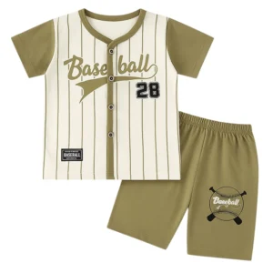Baby Boy Baseball Jersey Outfit – Olive Green 2-Piece Summer Set with Button-Up Top & Shorts