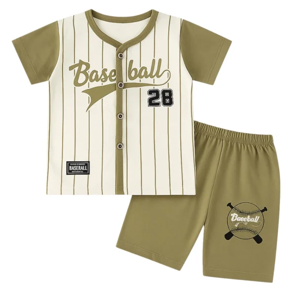 Baby Boy Baseball Jersey Outfit – Olive Green 2-Piece Summer Set with Button-Up Top & Shorts
