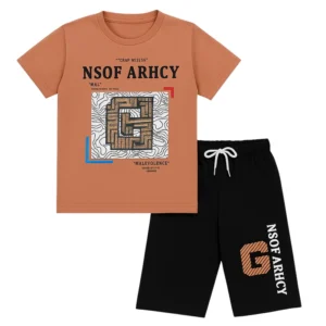 Boys' Graphic T-Shirt and Shorts Set – Rust Orange and Black 2-Piece Casual Outfit for Summer