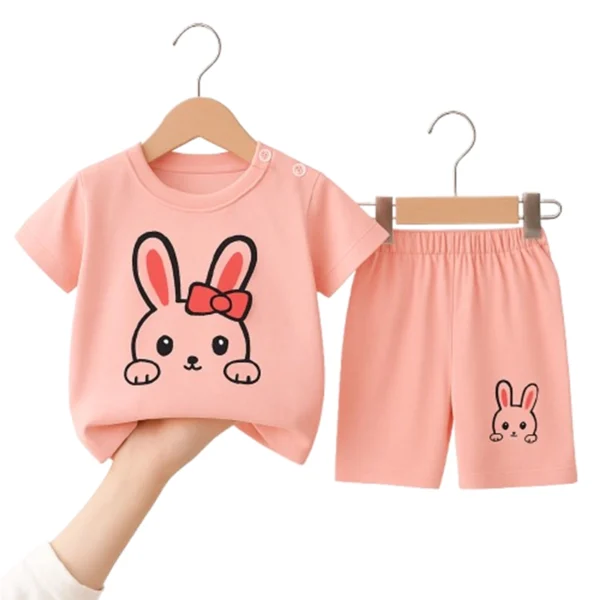 Adorable Pink Bunny Print Baby Girl Summer Outfit – T-Shirt and Shorts Set