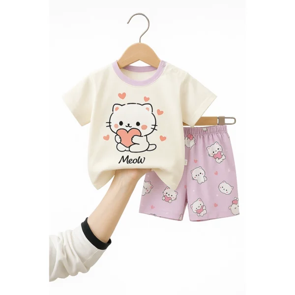 Cute Meow Cat Print Baby Girl Outfit – Short Sleeve Top and Shorts Pajama Set
