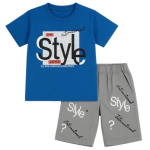 Bold Baby Boy Summer Outfit – Blue “Style Japan” Tee & Graphic Shorts Set
