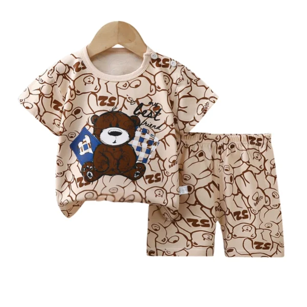 Cute Bear Printed Baby Summer Outfit – Soft Cotton T-Shirt & Shorts Set for Boys & Girls (Beige)