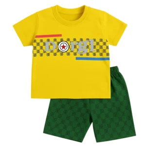 Vibrant “Dorgi” Graphic Kids T-Shirt and Shorts Set – Yellow & Green with Playful Print