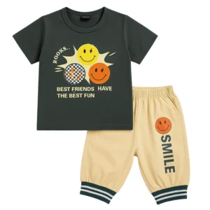 Happy Vibes Baby Boy Outfit – Smiley Graphic Tee & Comfy Shorts Set