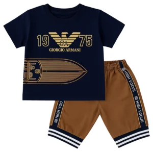 Navy & Brown Baby Boy Outfit – Bold Boat Graphic Tee and Athletic Shorts Set