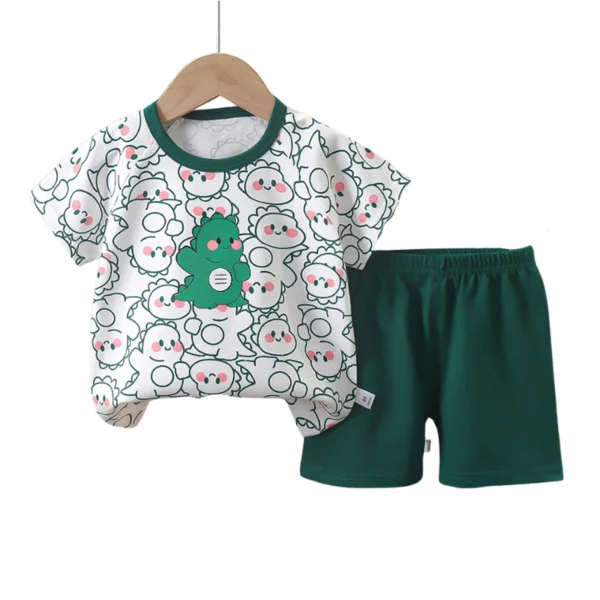 Cute Dinosaur Print Baby Summer Set – Green Shorts & Cartoon Tee for Toddlers