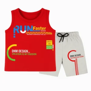 Bold Red & Grey Sleeveless Baby Boy Summer Set – "Run Faster" Graphic Tank & Shorts