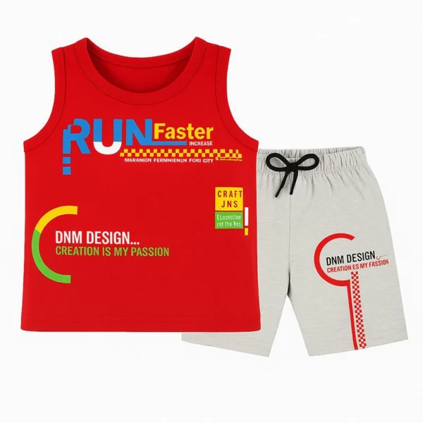 Bold Red & Grey Sleeveless Baby Boy Summer Set – "Run Faster" Graphic Tank & Shorts