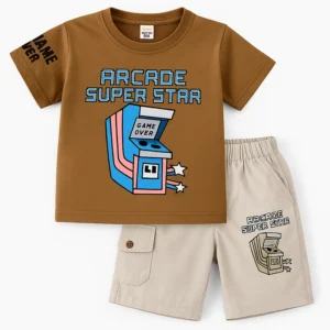 Baby Boy “Arcade Super Star” Brown Graphic T-Shirt & Beige Shorts Set
